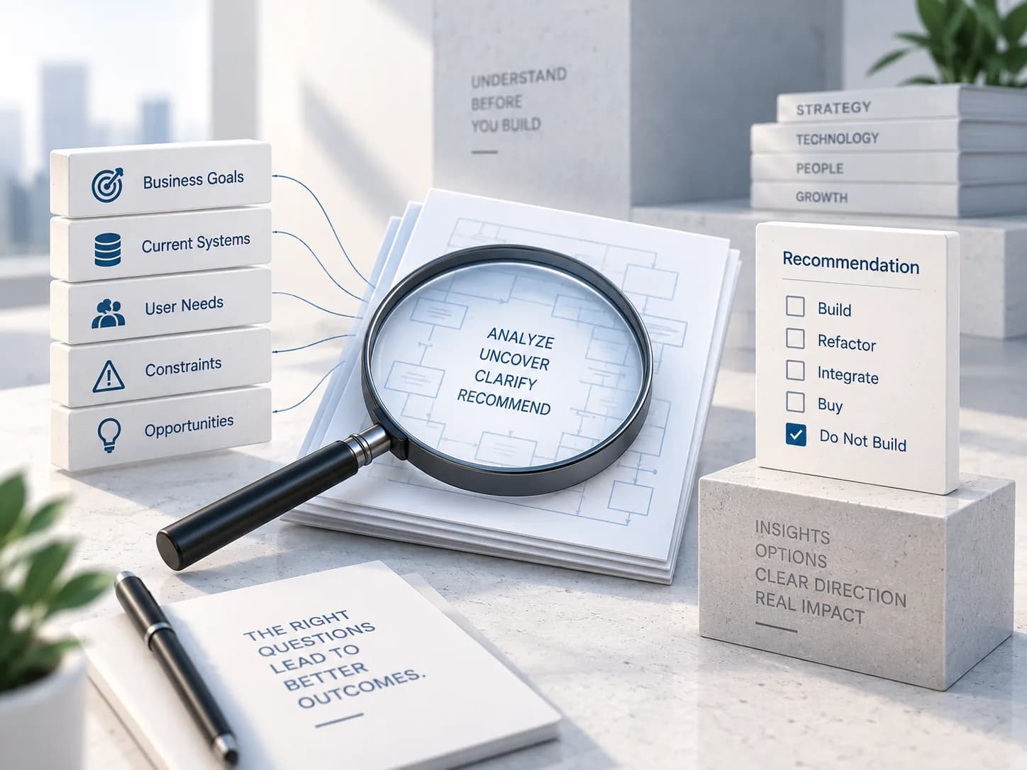 An illustration of a magnifying glass held over a stack of flow diagrams, beside a recommendation checklist with “do not build” ticked.