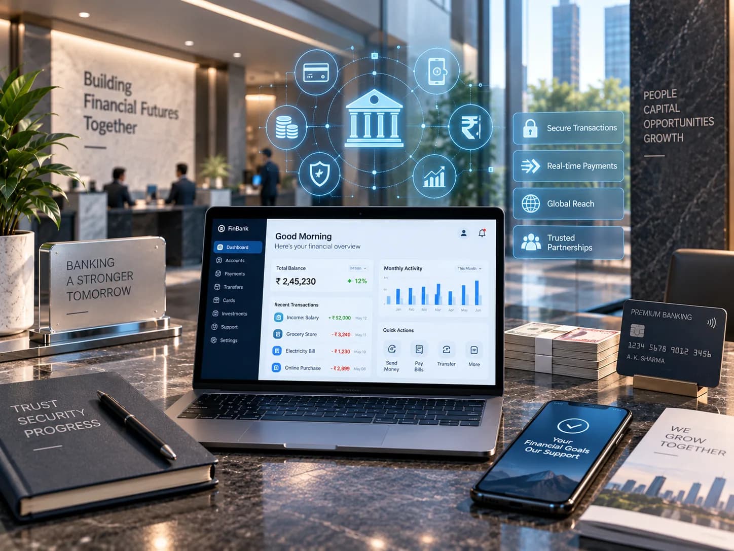A banking hall desk where a laptop shows an account dashboard with a running balance, recent transactions and a monthly activity chart, a phone beside it