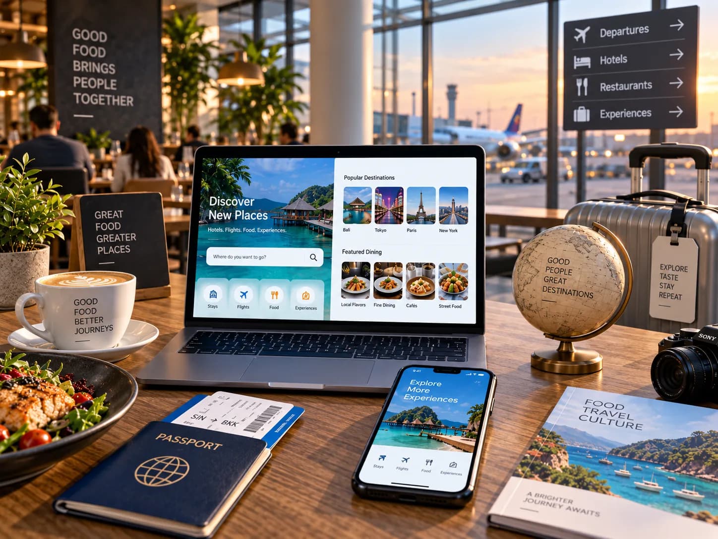 A cafe table by an airport window with a laptop open on a travel booking screen showing destinations and dining, a passport, a boarding pass and a phone beside it