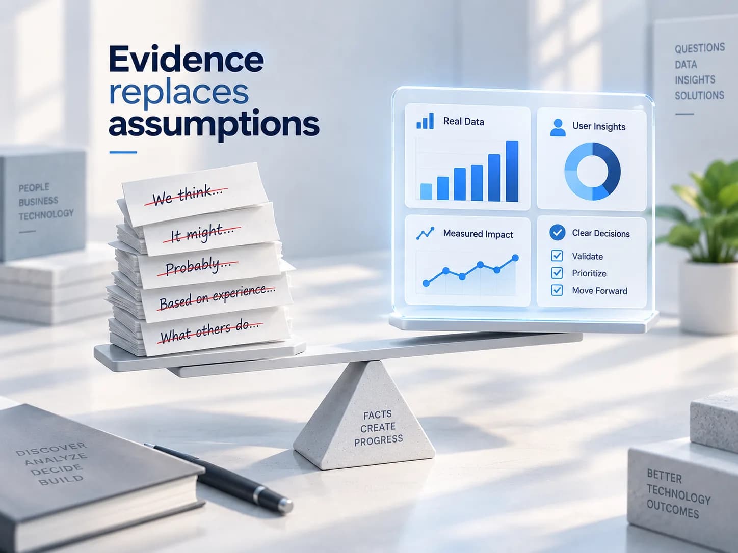 A balance. Its low side carries a stack of notes reading we think, it might, probably, based on experience, and what others do, each struck through in red. Its high side carries a panel of real data, user insights, measured impact and clear decisions. The fulcrum is inscribed facts create progress.