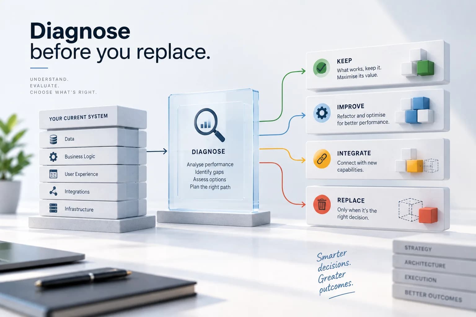 A stack labelled your current system — data, business logic, user experience, integrations, infrastructure — passes through a panel that analyses performance and identifies gaps, and comes out as four separate decisions: keep what works, improve by refactoring, integrate new capabilities, and replace only when it is the right call.