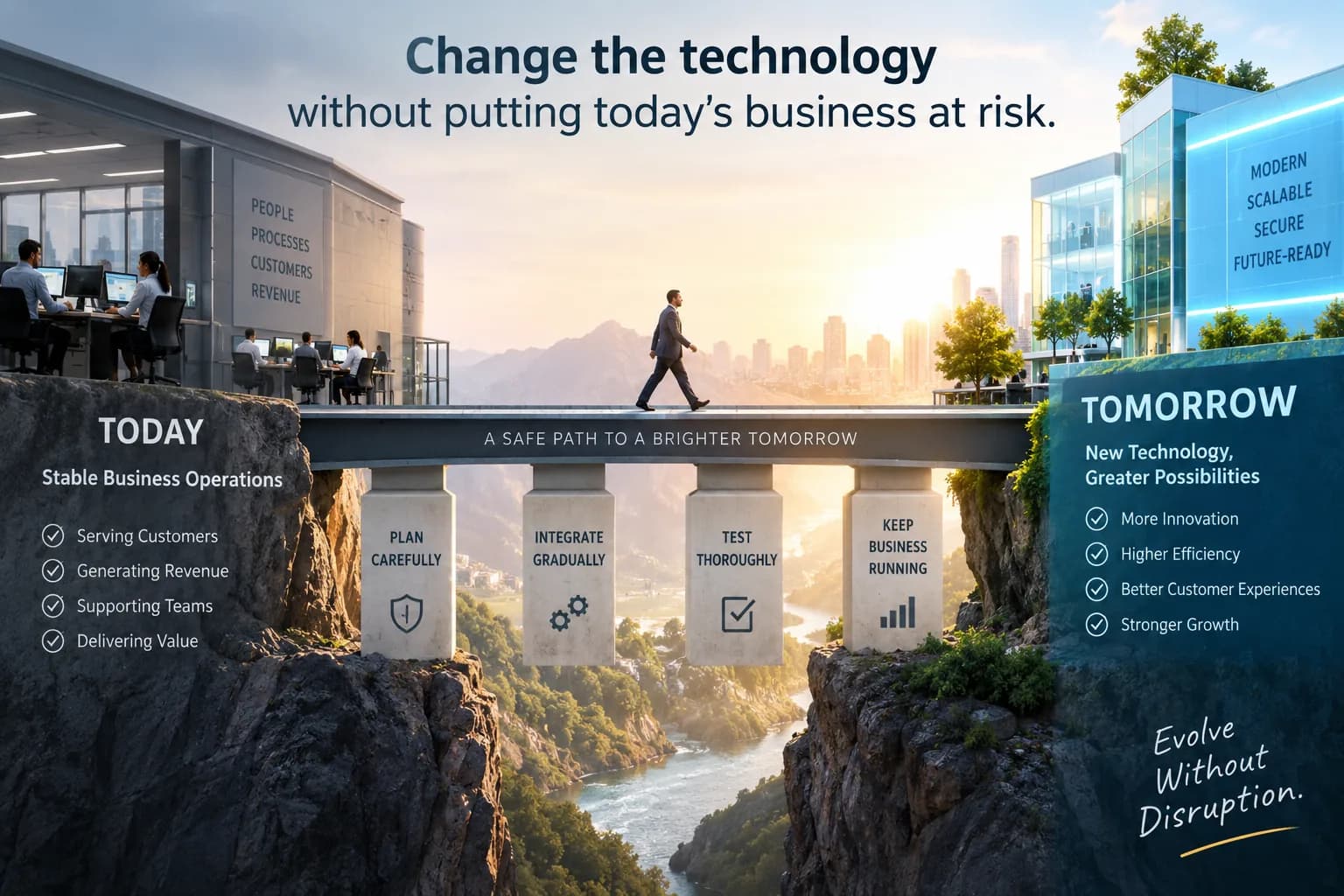 A bridge across a ravine, joining a working office marked TODAY — serving customers, generating revenue, supporting teams, delivering value — to a modern building marked TOMORROW, offering more innovation, higher efficiency, better customer experiences and stronger growth. A figure walks across. The four piers holding the bridge up are labelled plan carefully, integrate gradually, test thoroughly, and keep business running.