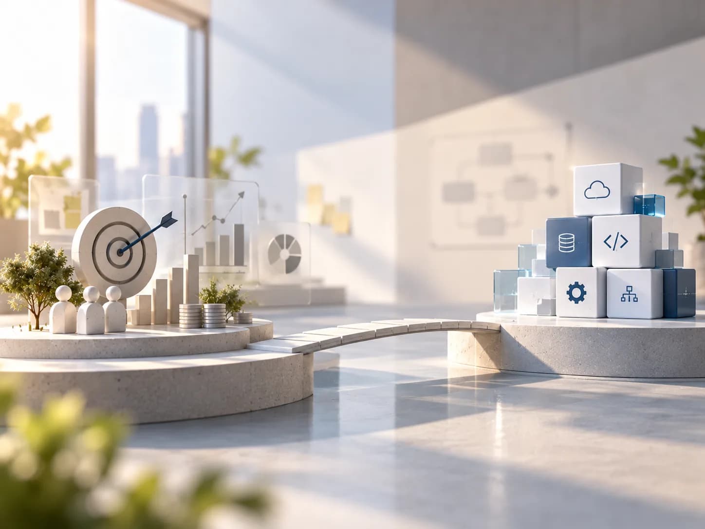 Two low platforms in a bright room, joined by a short bridge. The near one carries a target with an arrow in the centre, three small figures, a rising bar chart and stacks of coins; the far one carries a stack of cubes marked cloud, database, code, settings and network.