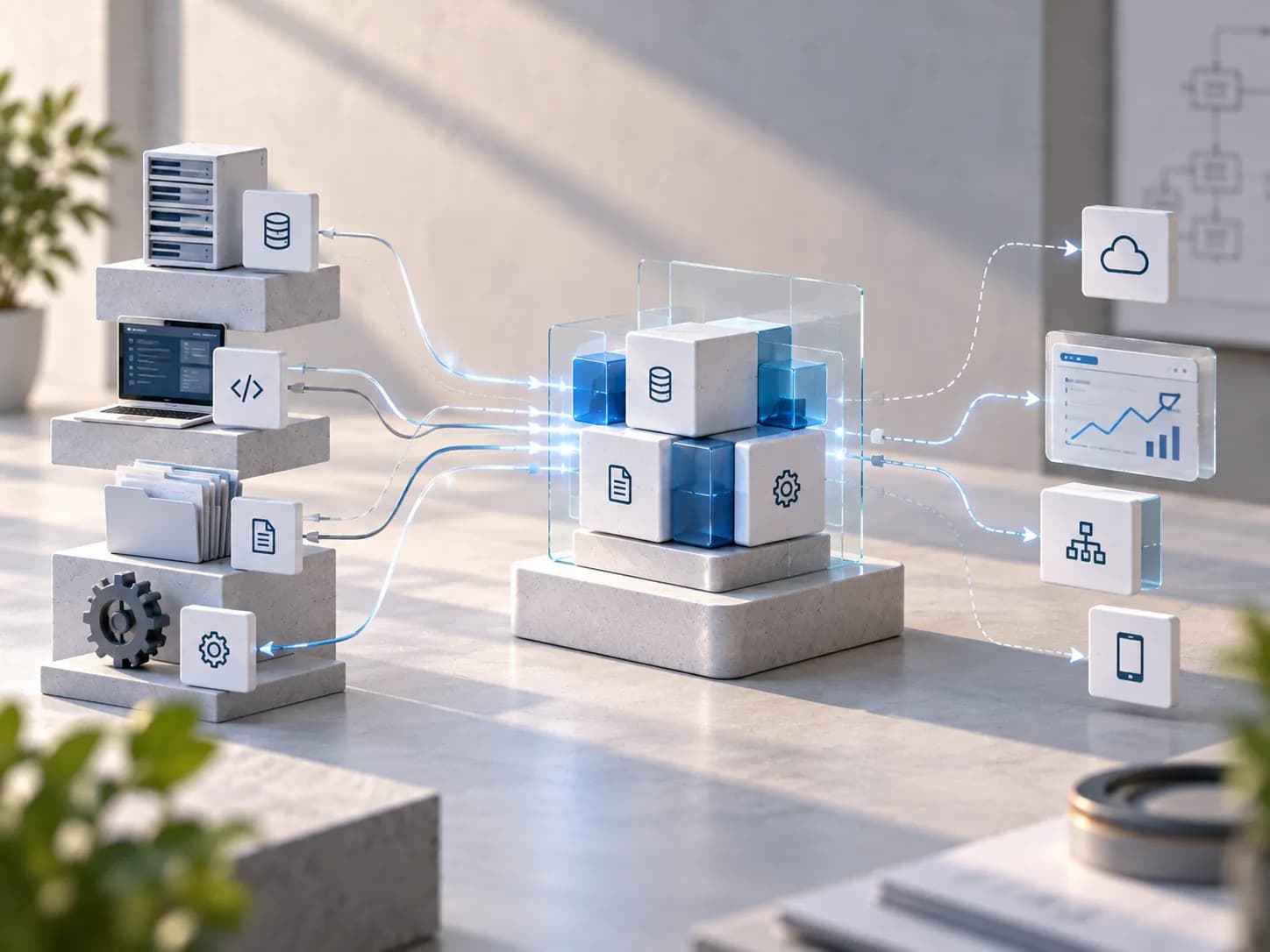 Existing parts on the left — a server, a laptop, folders of documents and a gear — stay where they are and connect by cable into a glass case holding a core of cubes. Dashed lines leave the other side of the case for a cloud, an analytics dashboard, a network diagram and a phone.