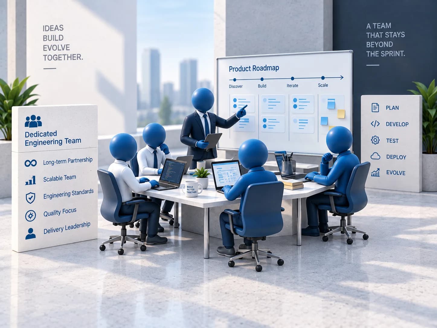 An illustration of a standing team around one table, a delivery lead at the board working a product roadmap from discover through to scale.