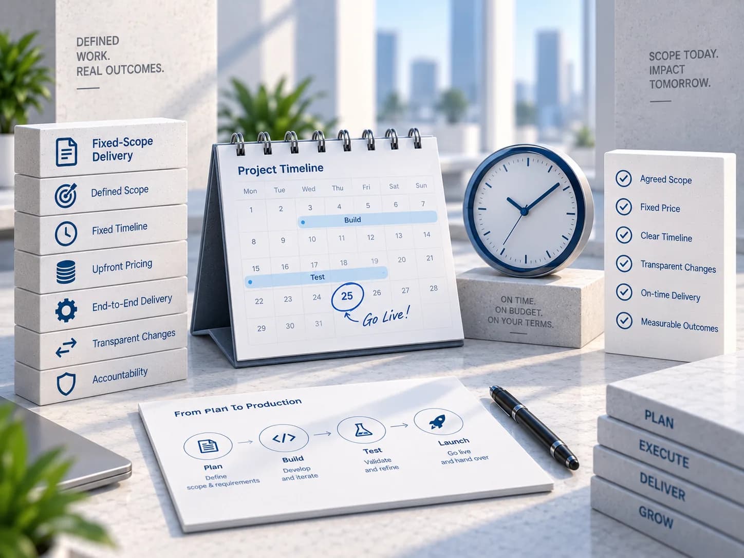 An illustration of a project calendar with build and test runs marked across it and a go-live date circled, beside a clock and a plan-to-production sequence.