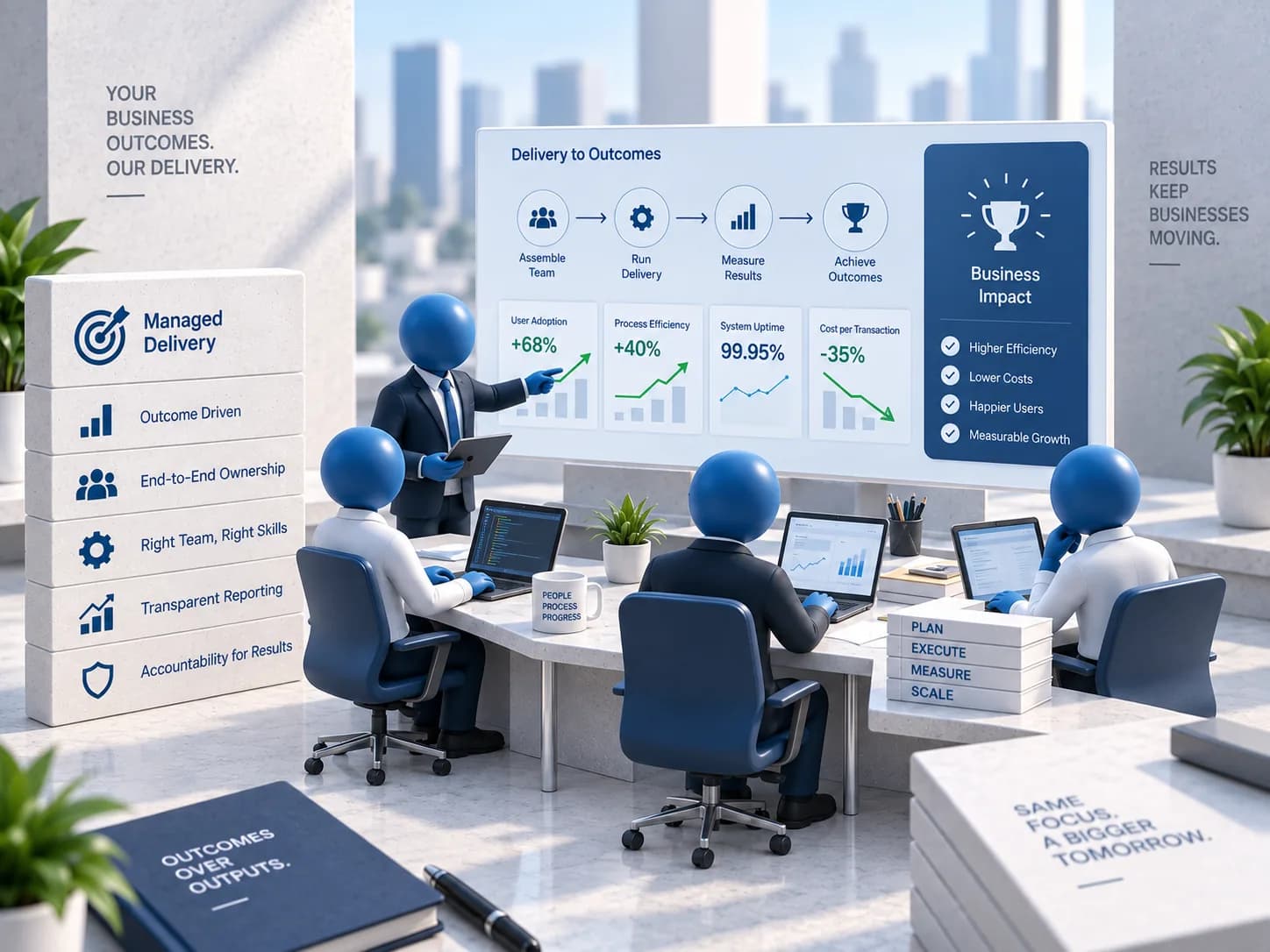 An illustration of a lead presenting business results — adoption, efficiency, uptime and cost per transaction — to a delivery team at work.