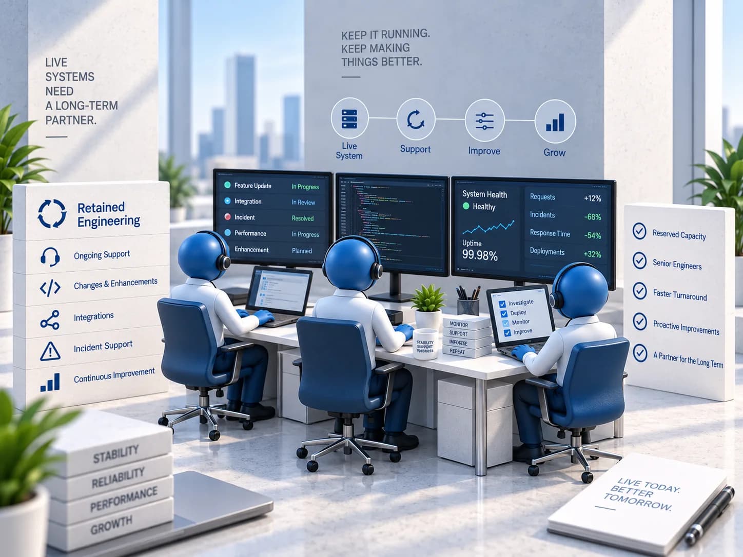An illustration of three engineers at a support desk, watching screens of system health, incidents and uptime for software already running.