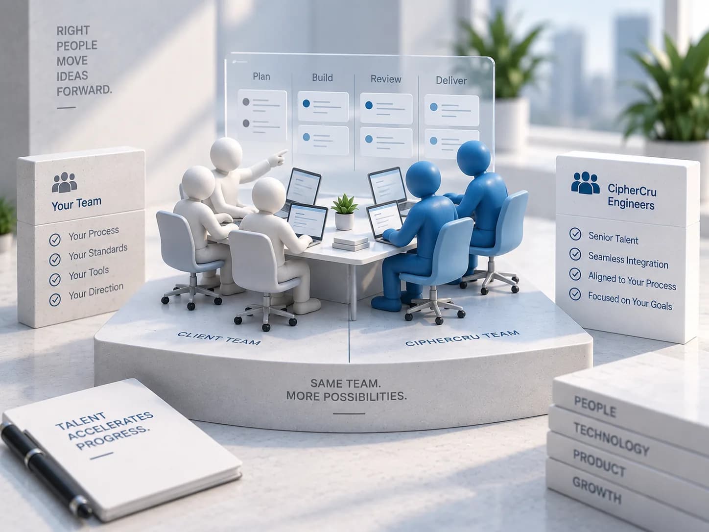 An illustration of two sets of figures, one pale and one blue, sharing a single desk and planning board under the labels “client team” and “CipherCru team”.