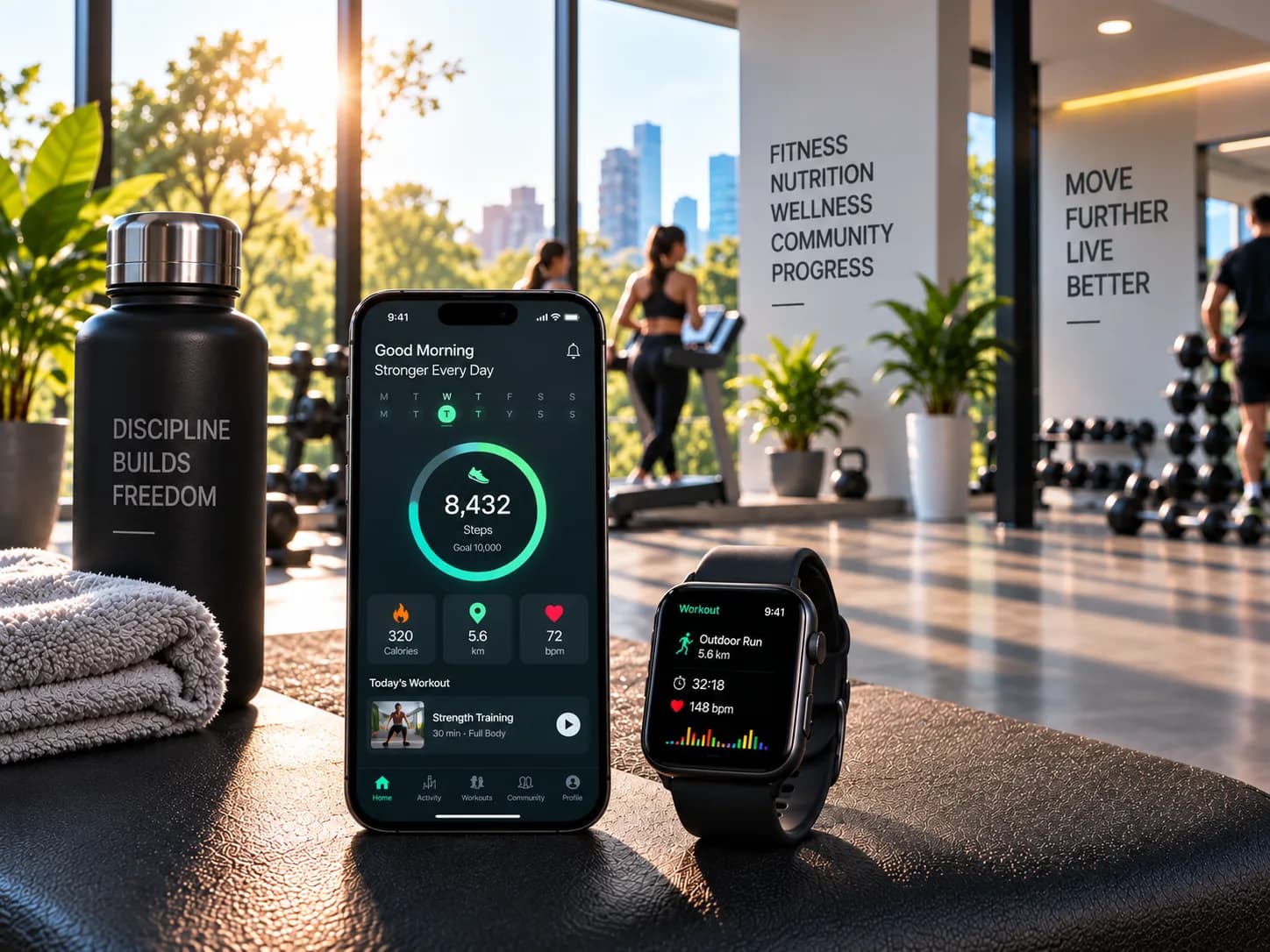 A gym floor with a phone showing the day's activity - steps against a goal, calories, distance and heart rate - beside a watch tracking a run in progress
