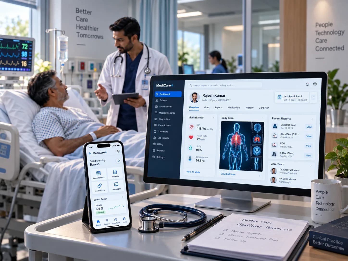 A clinician talking with a patient at the bedside while a monitor shows that patient's record - vitals, scans and recent reports - with the same case open on a phone