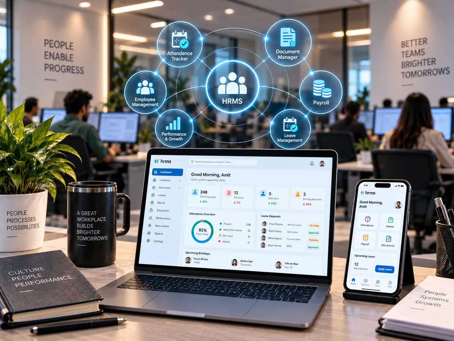 An open-plan office with a laptop showing a workforce dashboard - headcount, attendance, leave requests and approvals - and the same modules on a phone