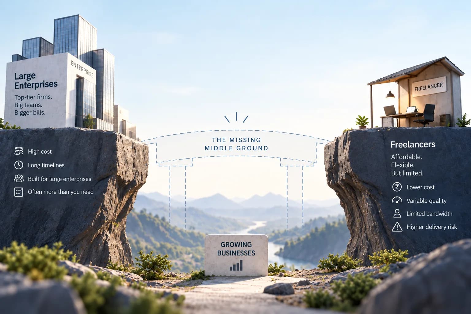 Two cliff tops facing each other across a ravine. On the left, an office tower marked Large Enterprises — top-tier firms, big teams, bigger bills — above a list reading high cost, long timelines, built for large enterprises, and often more than you need. On the right, a small workshop marked Freelancer — affordable, flexible, but limited — above a list reading lower cost, variable quality, limited bandwidth, and higher delivery risk. Between them a bridge is drawn as a dashed outline that has not been built, labelled The Missing Middle Ground, with a marker below it reading Growing Businesses.